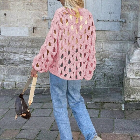 Pink Casual Women's Skeleton Weave Long Sleeve Cowl Sweater Pullover - Picture 9 of 11